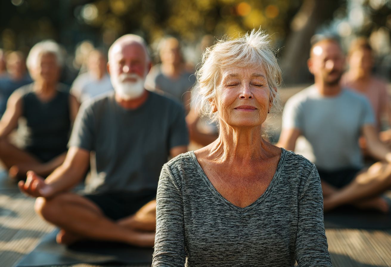 Група старших людей практикує йогу на природі